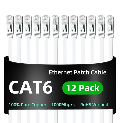 Yauhody CAT 6 Ethernet Cable 10ft 12-Pack White, High Speed Solid Flat CAT6 by Yauhody