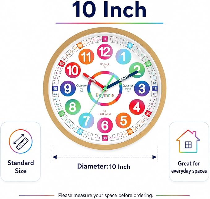 Roymnie Wall Clock Battery Operated 10 Inch Silent Non Ticking Teaching Clock - Image 9