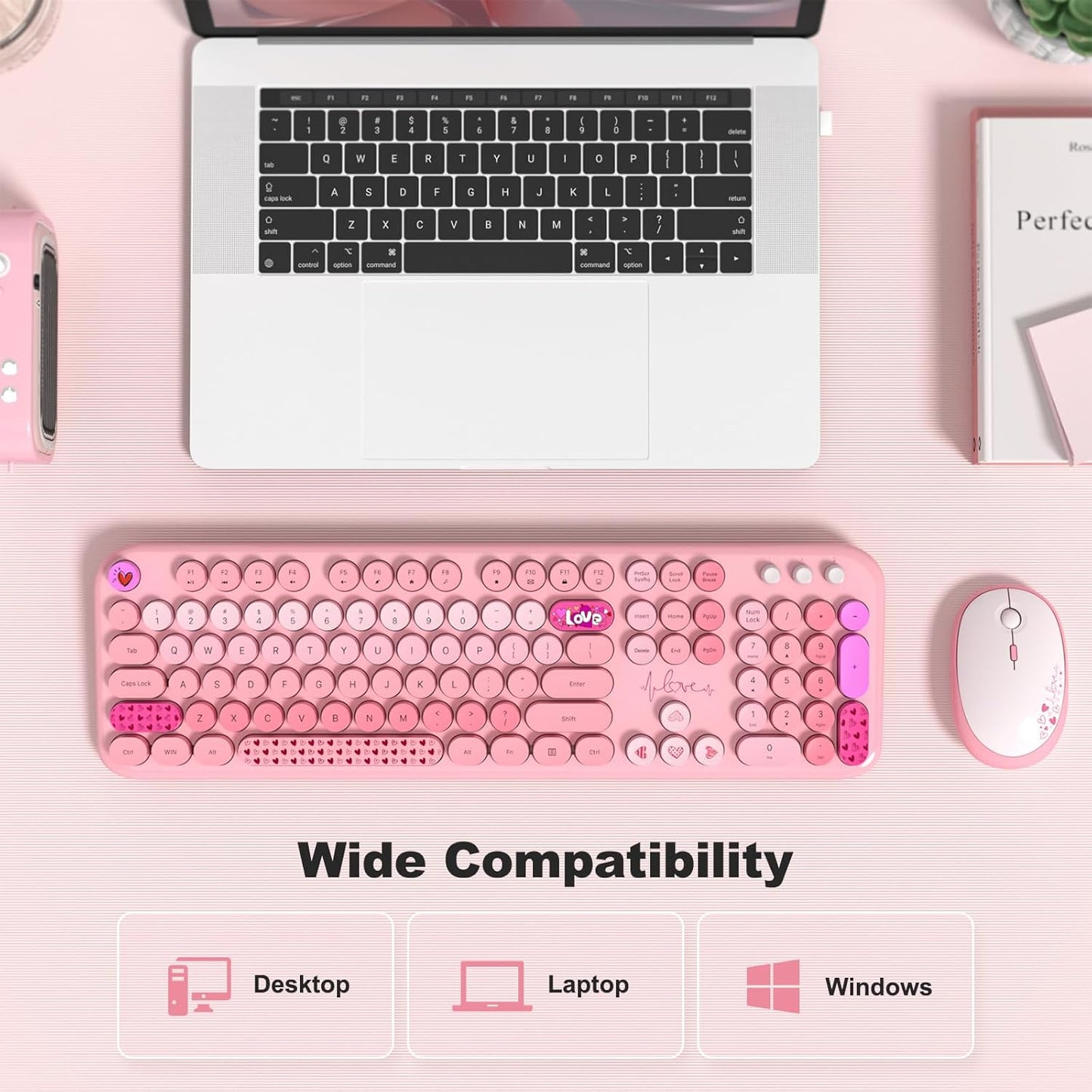 MOFII Wireless Keyboard and Mouse Combo, Cute Keyboard Full Size and Wireless Mouse, 2.4GHz Retro Typewriter Keyboard Wireless Mouse Set for PC/Desktop/Laptop/Windows (Pink Colorful)