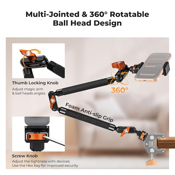 K&F CONCEPT 22" Magic Arm, Overhead Desk Camera Arm Mount, Long Articulating - Image 4