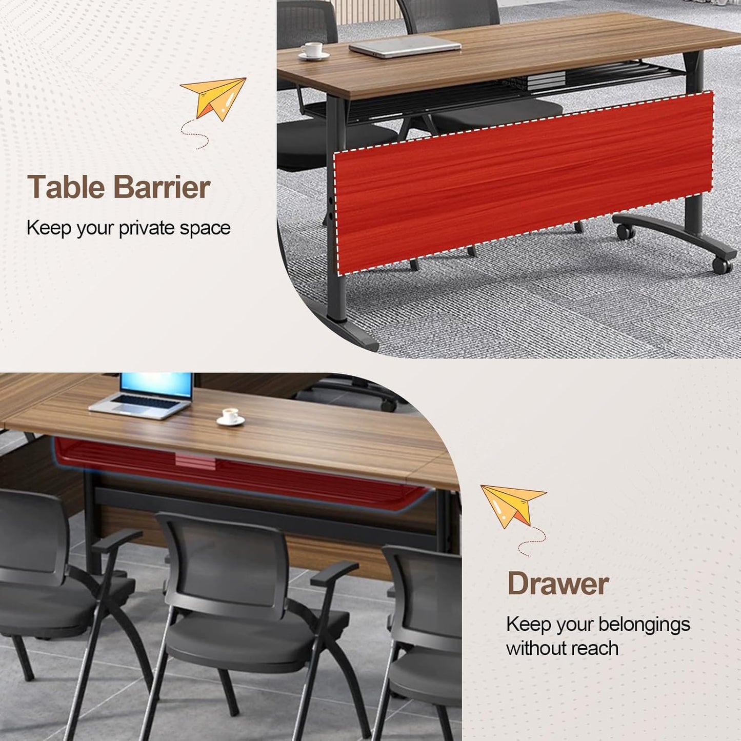 Folding Conference Room Table, Modern Conference Tables with Wheels, Large Rectangular Mobile Training Tables for Office Classroom, Foldable Modular Boardroom Seminar Table Walnut (10pack L55.1in)