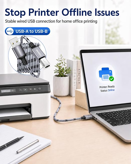 SNANSHI USB Printer Cable 6ft, Nylon Braided Printer Cable to USB Stable Wired - Image 2