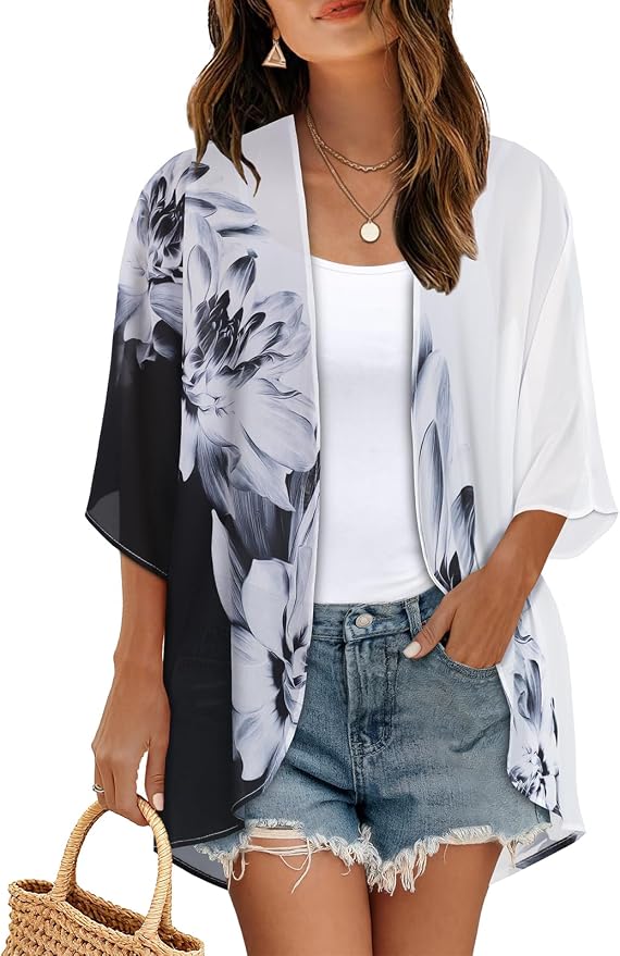 Women's Floral Print Puff Sleeve Kimono Cardigan Loose Cover Up Casual Blouse by CHICGAL