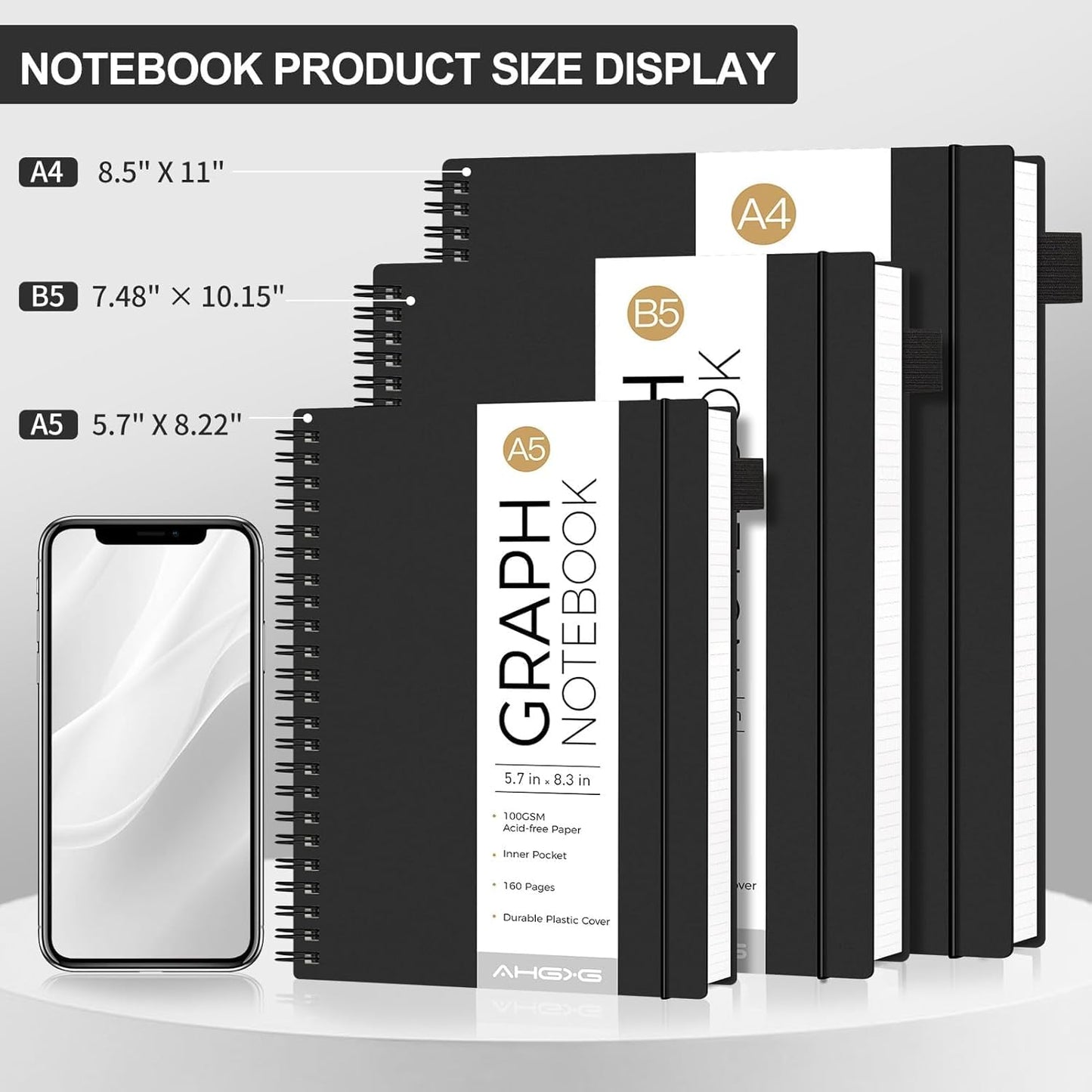 AHGXG Graph Paper Notebook - Spiral Notebook Journal 160 Pages, A5 Graph Notebook 5.7" x 8.3", 100 gsm Thick Grid Paper, Waterproof Plastic Cover, for School Writing Engineering Math, Black