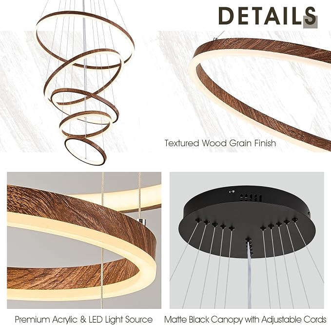 Modern LED Ring Chandelier 5-Light Chandelier Wood Grain Dimmable Round Foyer - Image 6