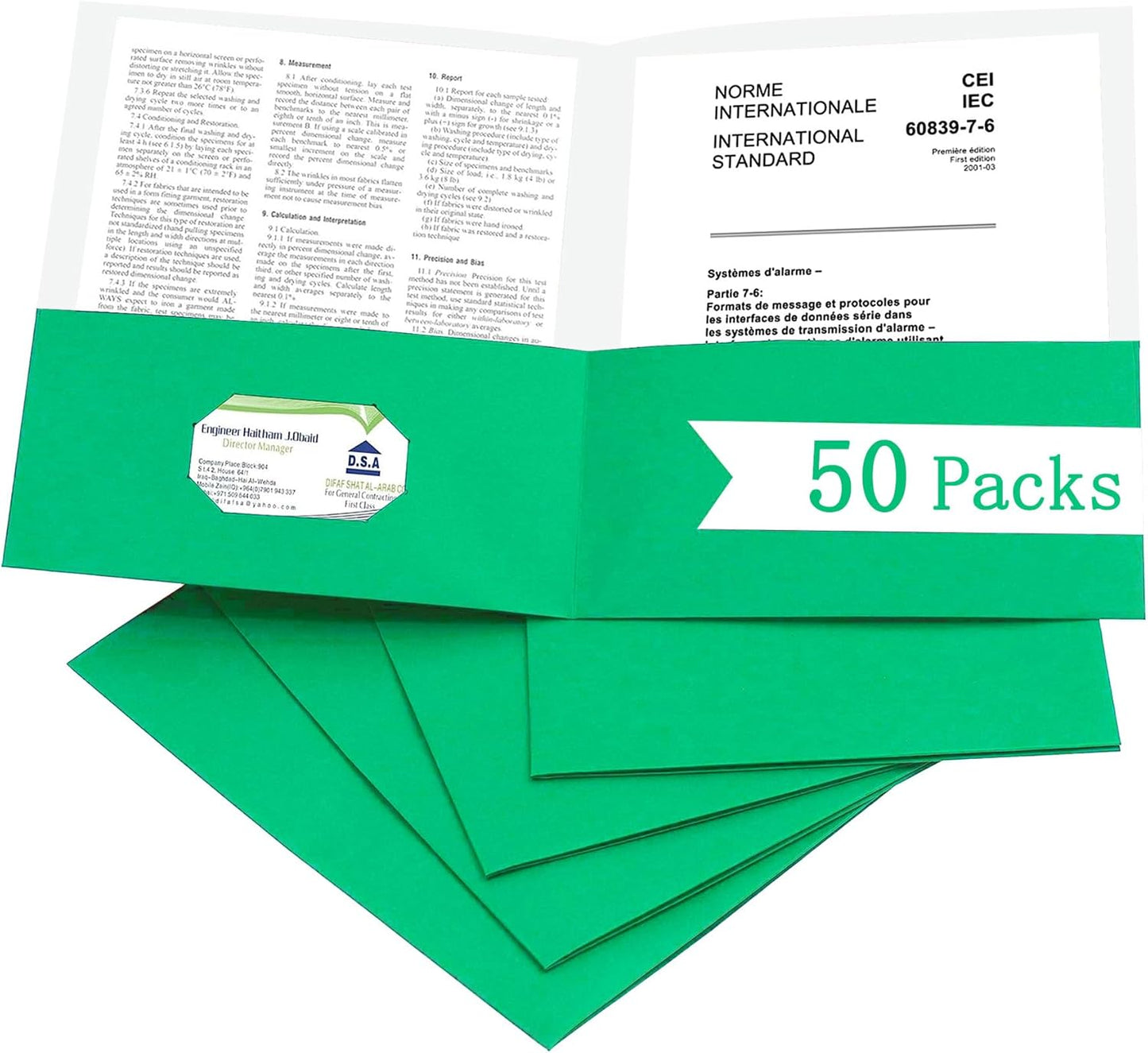 Zzrywuty 50 Packs Paper Folders with Pockets for Students,Businessmen and Office Workers,Letter Size,Two Pocket Folders with Card Slot for Office,Business,School Supplies (Green)
