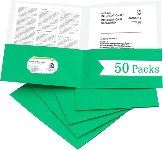 Zzrywuty 50 Packs Paper Folders with Pockets for Students,Businessmen and Office Workers,Letter Size,Two Pocket Folders with Card Slot for Office,Business,School Supplies (Green)