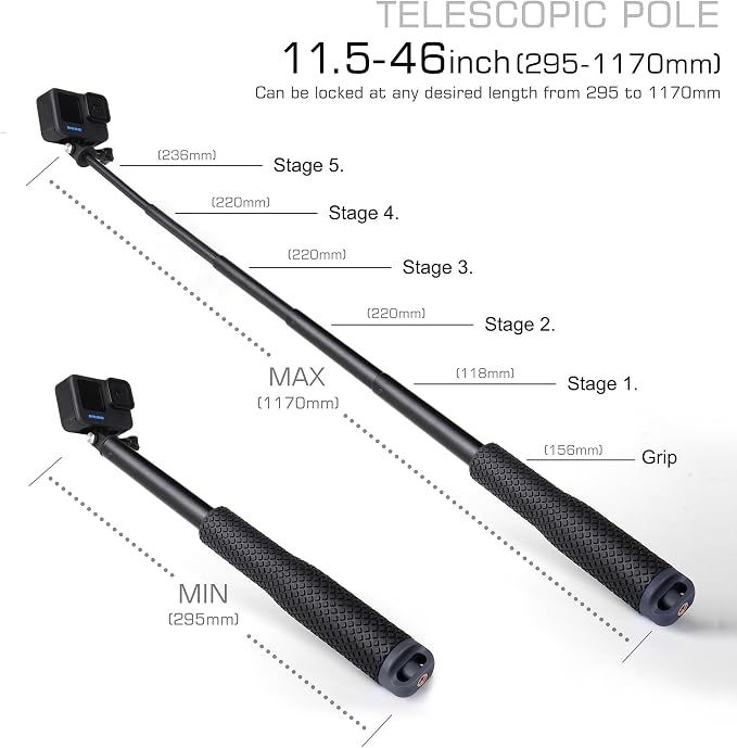 GEPULY Waterproof Selfie Stick for GoPro/DJI/Insta360/AKASO Action Cameras | - Image 4