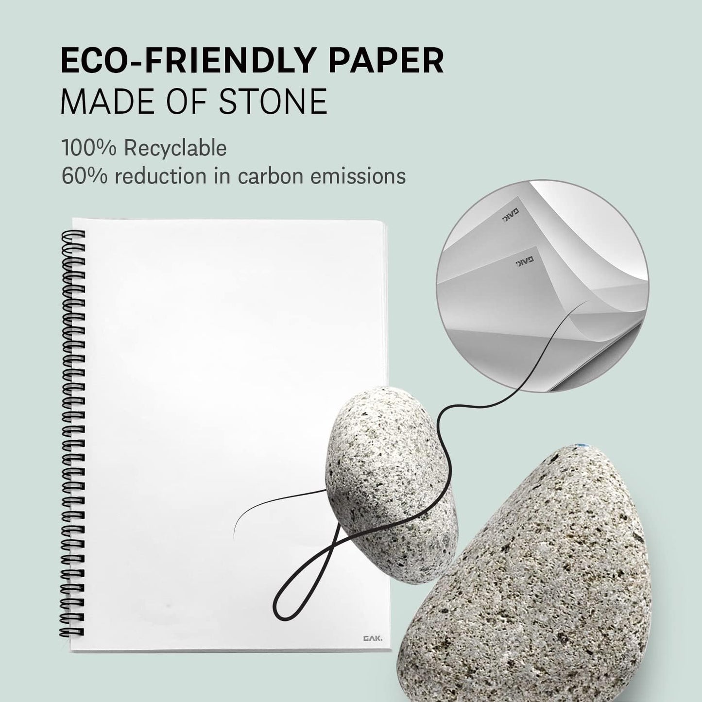 GAK. Stone Paper Notebook | No Lines Spiral Notebook Waterproof Sheet Aesthetic Journal for Note Taking | Notebooks for Work & Aesthetic School Supplies | Large Size, Green (7.2”x10.1”, 50 sheets)