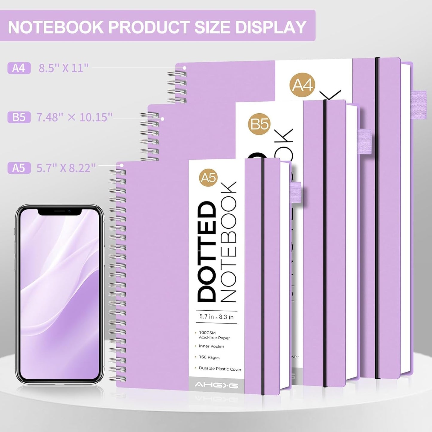 AHGXG Bullet Dotted Journal - Dot Grid Spiral Notebook B5, 140 Pages, 100 GSM Thick Paper, Waterproof Plastic Cover Journals for Bullet Journaling, Sketching, 7.6" x 10", Purple