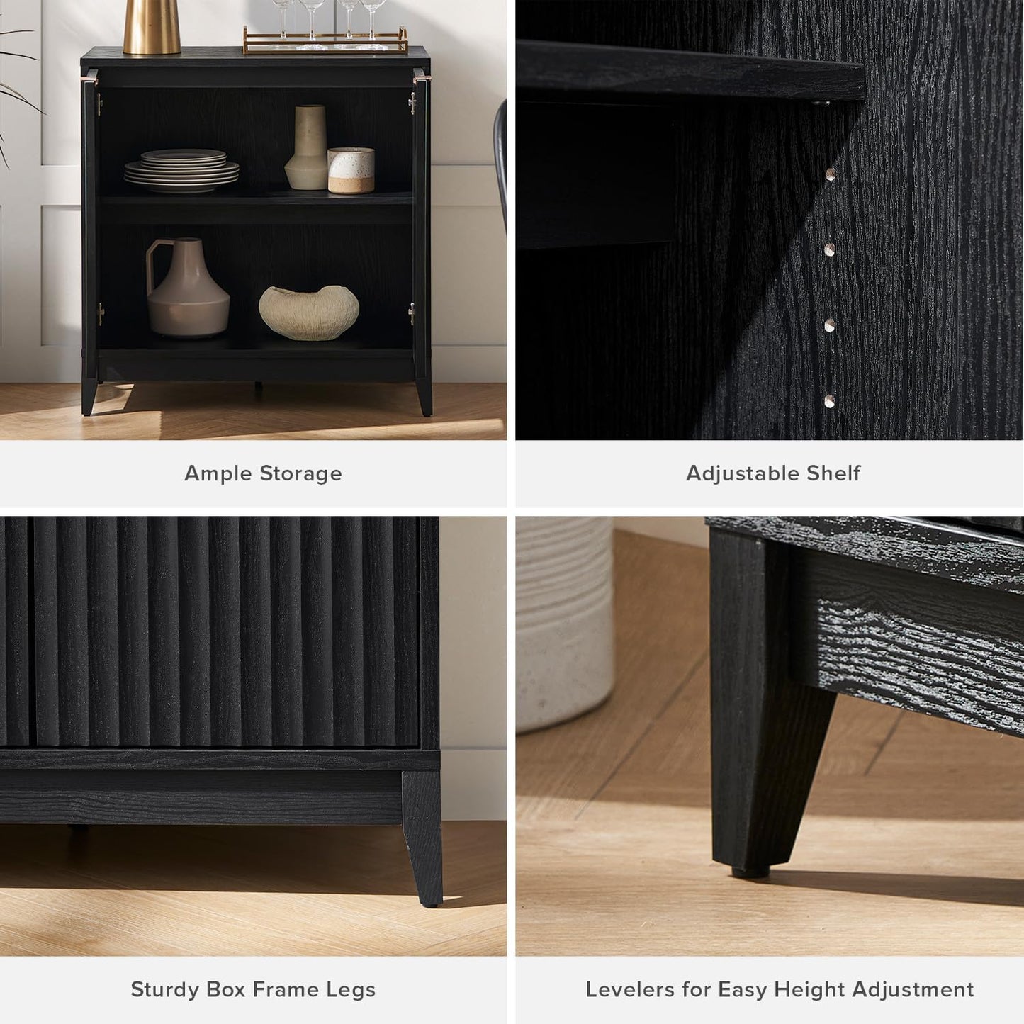 mopio Brooklyn Storage Cabinet, Modern Farmhouse Entryway Accent Case, Buffet Sideboard, Console Table, Credenza, Wood Modular Organizer with Doors & Shelf, Fluted Panel Cupboard (Black, Set of 2)