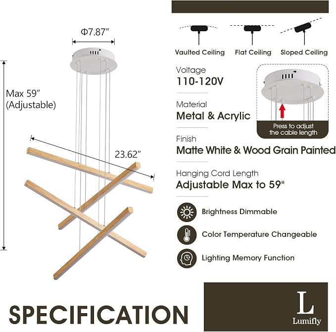 Linear Pendant Light for Dining Room Oak Wood Grain Finish LED 4 Light - Image 5
