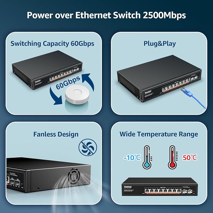 YuanLey 10 Port 2.5G PoE Switch Unmanaged, 8 x 2.5G Base-T PoE Ports, 2 x 10G - Image 6