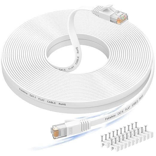 Folishine 50 ft Ethernet Cable, Cat 6e/Cat 6, High Speed, Flat White Shielded by Folishine