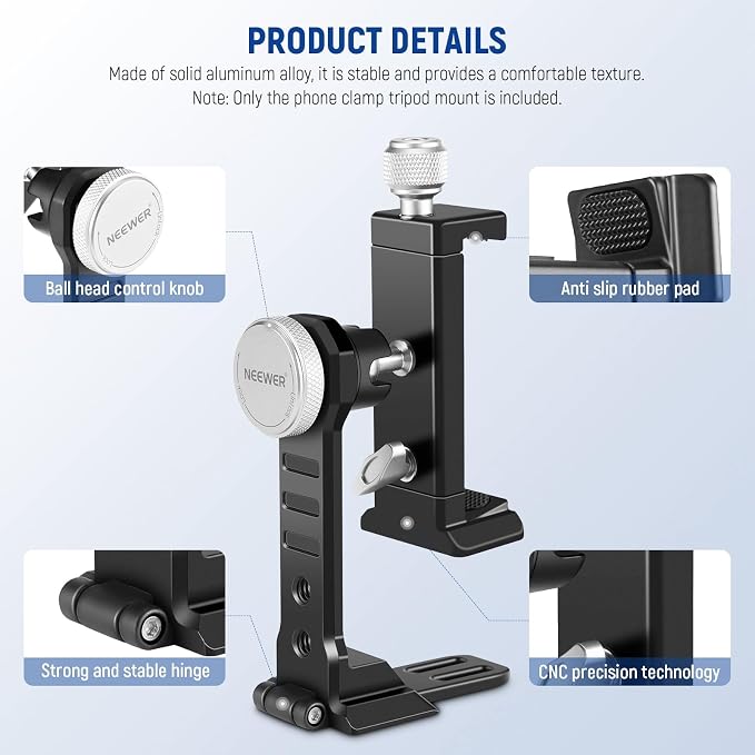NEEWER Smartphone Tripod Mount Aluminum Alloy, 360° Rotatable Phone Stand - Image 7