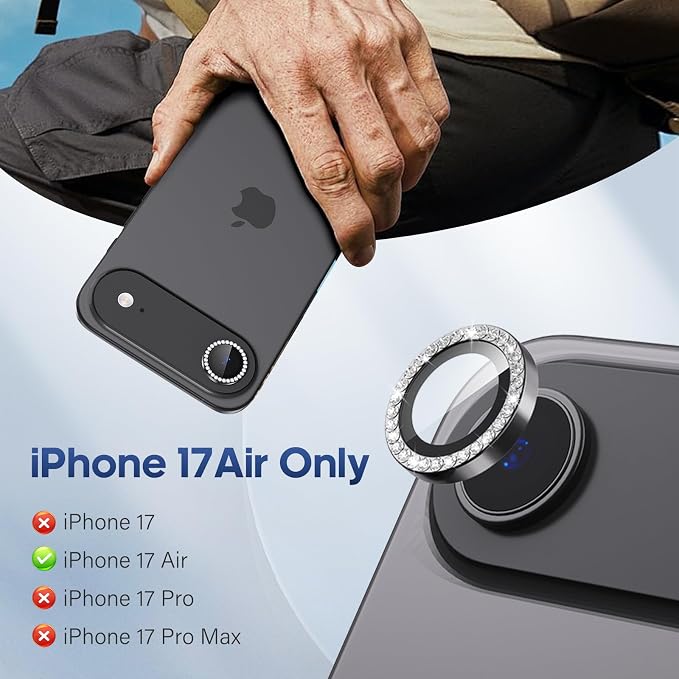 for iPhone 17 Air Camera Lens Protector Bling, Individual Diamond Metal Ring - Image 2