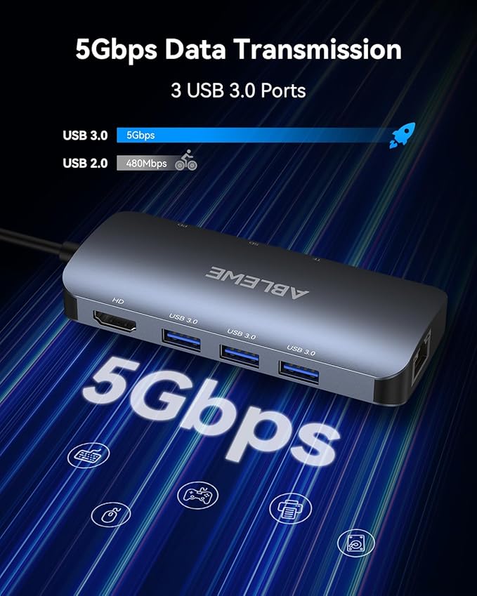 ABLEWE USB C Hub Ethernet, 8 in 1 4K@60Hz USBC Adapter, 100W PD, 3 USB 3.0 Ports - Image 4