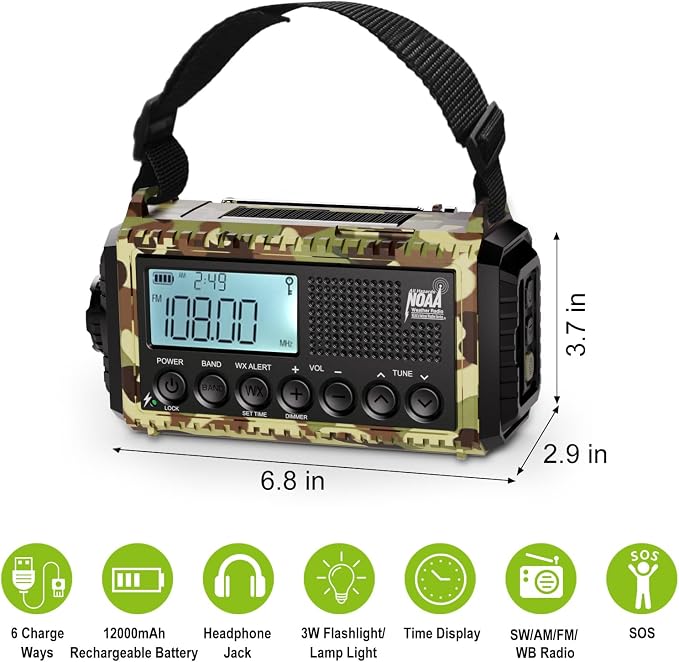 Raynic Weather Radio, 12000mAh Hand Crank Emergency Radio, 6 Ways Powered - Image 6