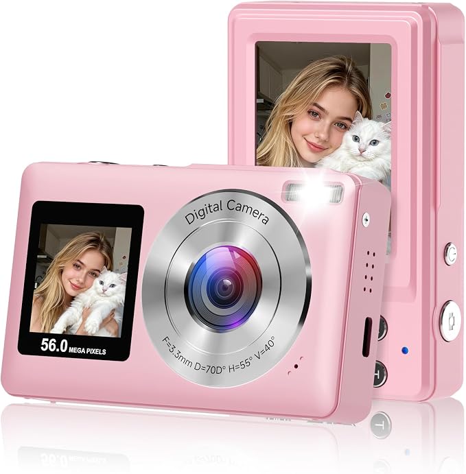 Digital Camera, 2026 Upgraded 56MP Pink Digital Camera, Dual Screens Cameras by CEYE