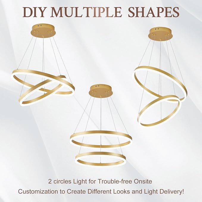 Modern LED Chandelier Gold 2-Rings Pendant Light Circular Flush Mount Ceiling - Image 8