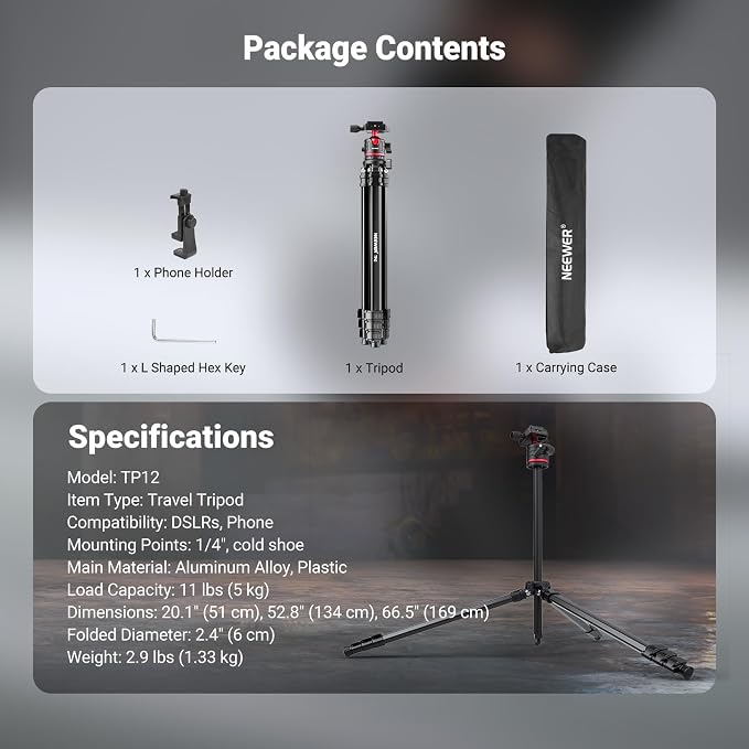 NEEWER Basics 66.5"/169 cm Travel Tripod - Image 8