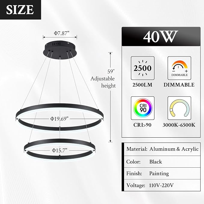 Modern LED Chandelier Black 2-Rings Pendant Light Circular Flush Mount Ceiling - Image 5