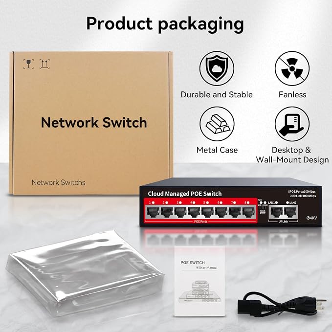 STEAMEMO PoE+ Switch, 8 Port Managed PoE Ethernet Switch, 120W Built-in Power - Image 9