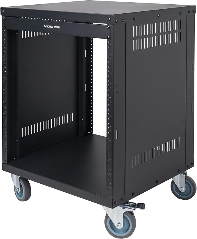 Sound Town 12U Universal Steel Rack, w/Mesh Doors, Locking Casters, Vented Side - Image 4