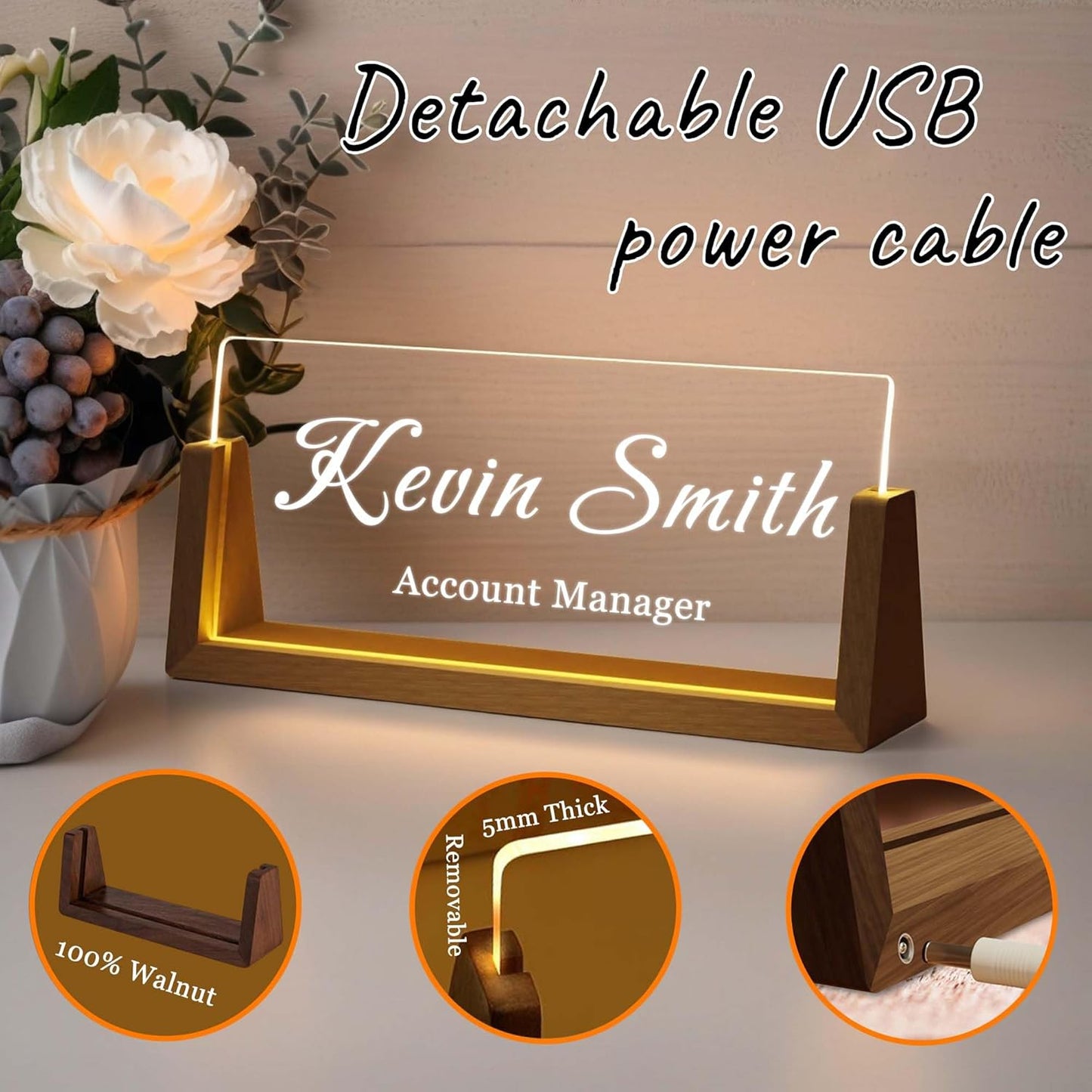Personalized Desk Name Plate with LED Light & Wooden Base, Custom Acrylic Name Sign | Custom Office Decor & Appreciation Gifts for Boss Coworkers, New Job Promotion Gift (Style 1)