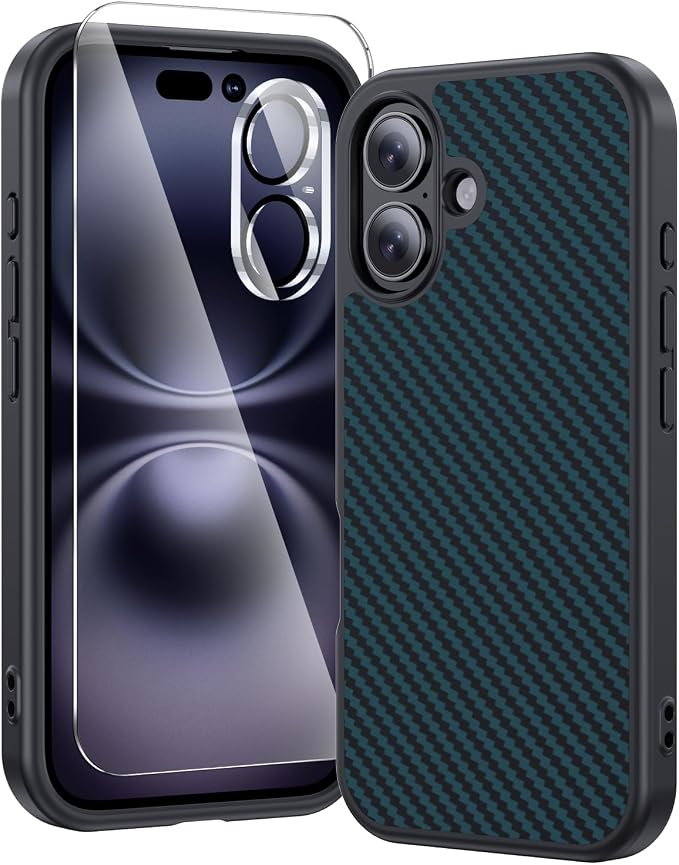 toushion 3 in 1 for iPhone 16 Case Carbon Fiber Black&Blue, Fits MagSafe by Unknown
