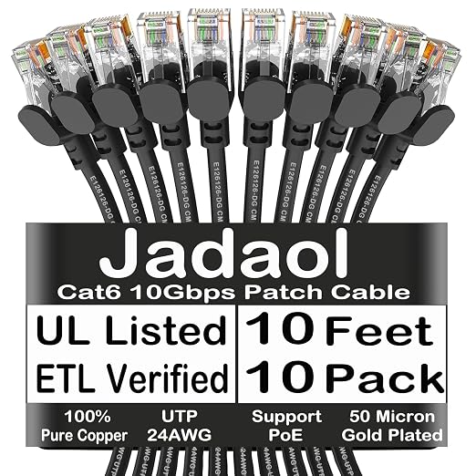 Jadaol Cat 6 Ethernet Cable 10ft 10Pack, Outdoor&Indoor, 10Gbps Support Cat8/7 by Jadaol