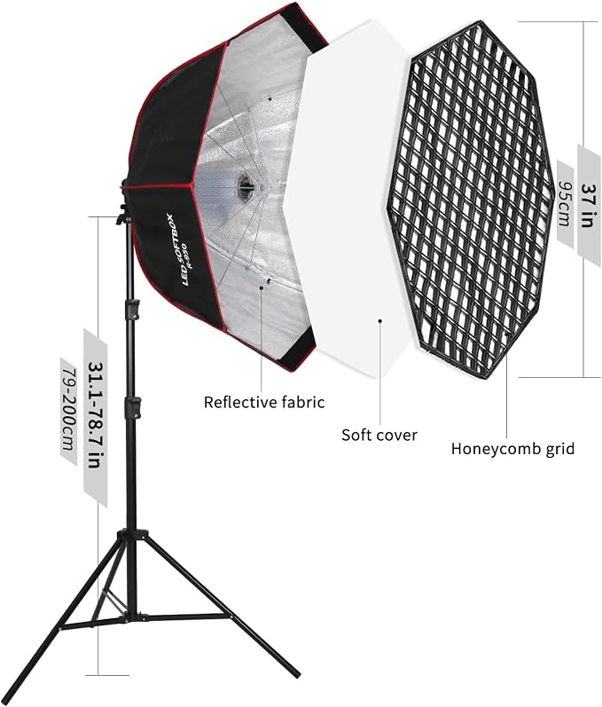 110W Softbox Lighting Kit, 37.4 "/95cm Large Octagonal Parabolic Soft Box - Image 6
