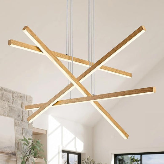 Linear Pendant Light Mdoern LED Chandelier 32" Boho Oak Wood Painted Ceiling by LUMIFLYModernChandelier