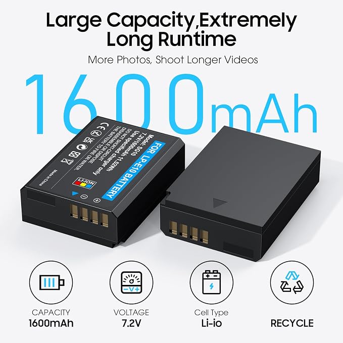 LP-E10 Battery 2-Pack 1600mAh and Digital Display Dual USB Charger - Image 7
