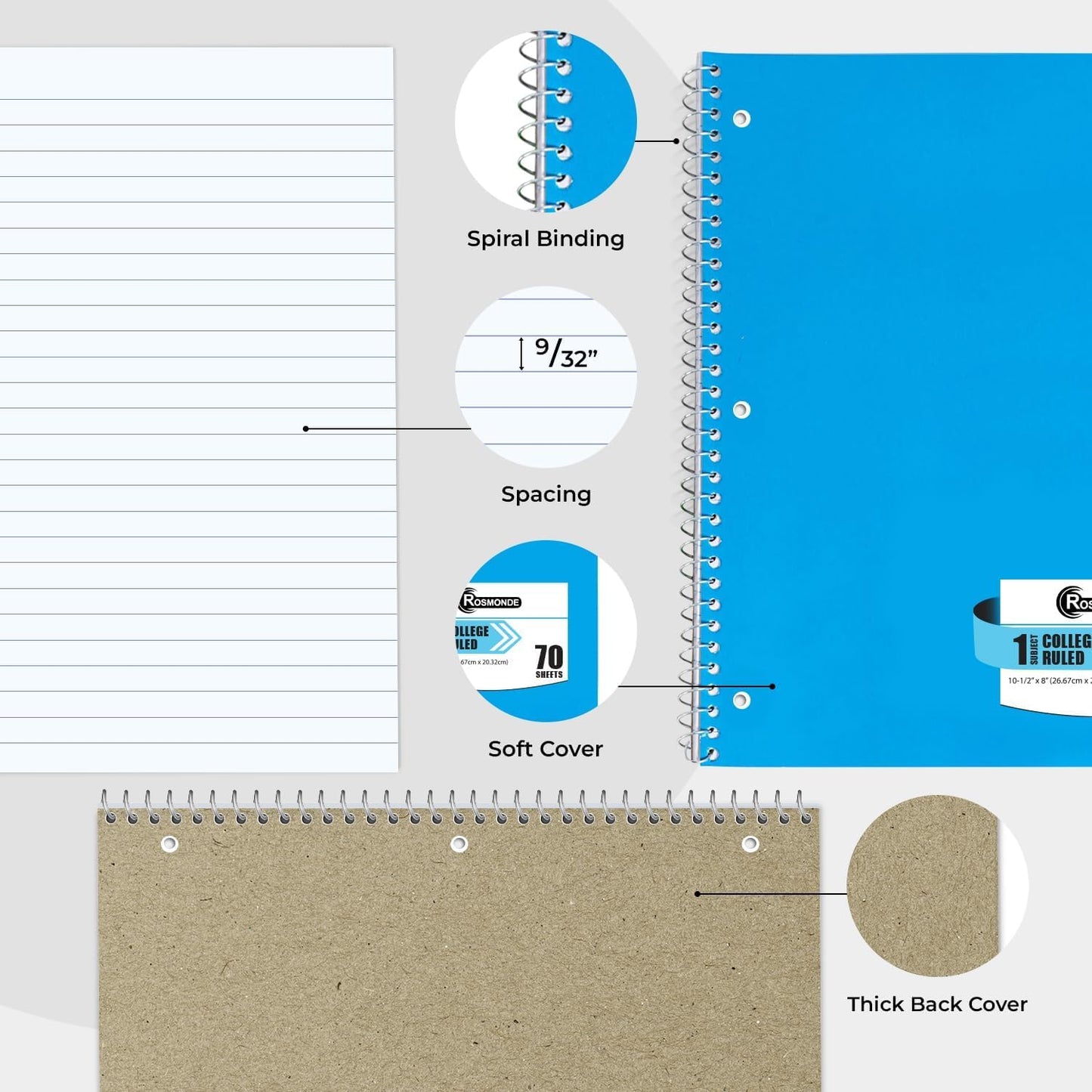 Spiral Notebook, 24 Pack, 1 Subject, College Ruled, 70 Sheets, 8 x 10-1/2",Bulk College Ruled Spiral Notebook for School, 3 Hole Punched, Single Subject Spiral Notebook Bulk, Assorted Colors