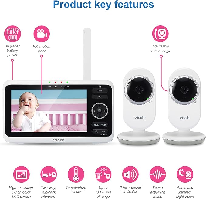 VTech Baby Monitor with 2 Cameras No WiFi & 5" Screen – Split-Screen, Patrol - Image 2