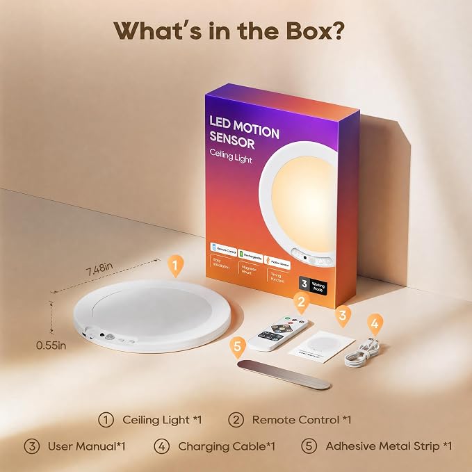 Rechargeable Motion Sensor Ceiling Light, 8000mAh Battery Operated Ceiling - Image 9