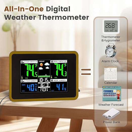 Weather Stations Wireless Indoor Outdoor Thermometer, Color Display Digital - Image 2