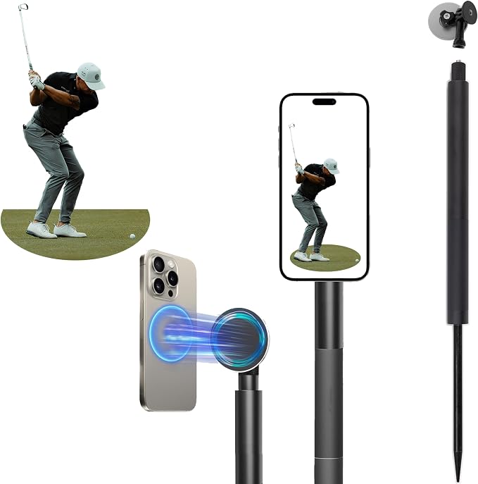 Golf Monopod Selfie Stick with Metal Ground Spike, Magnetic Phone Holder 52" by SwingmetricsLLC