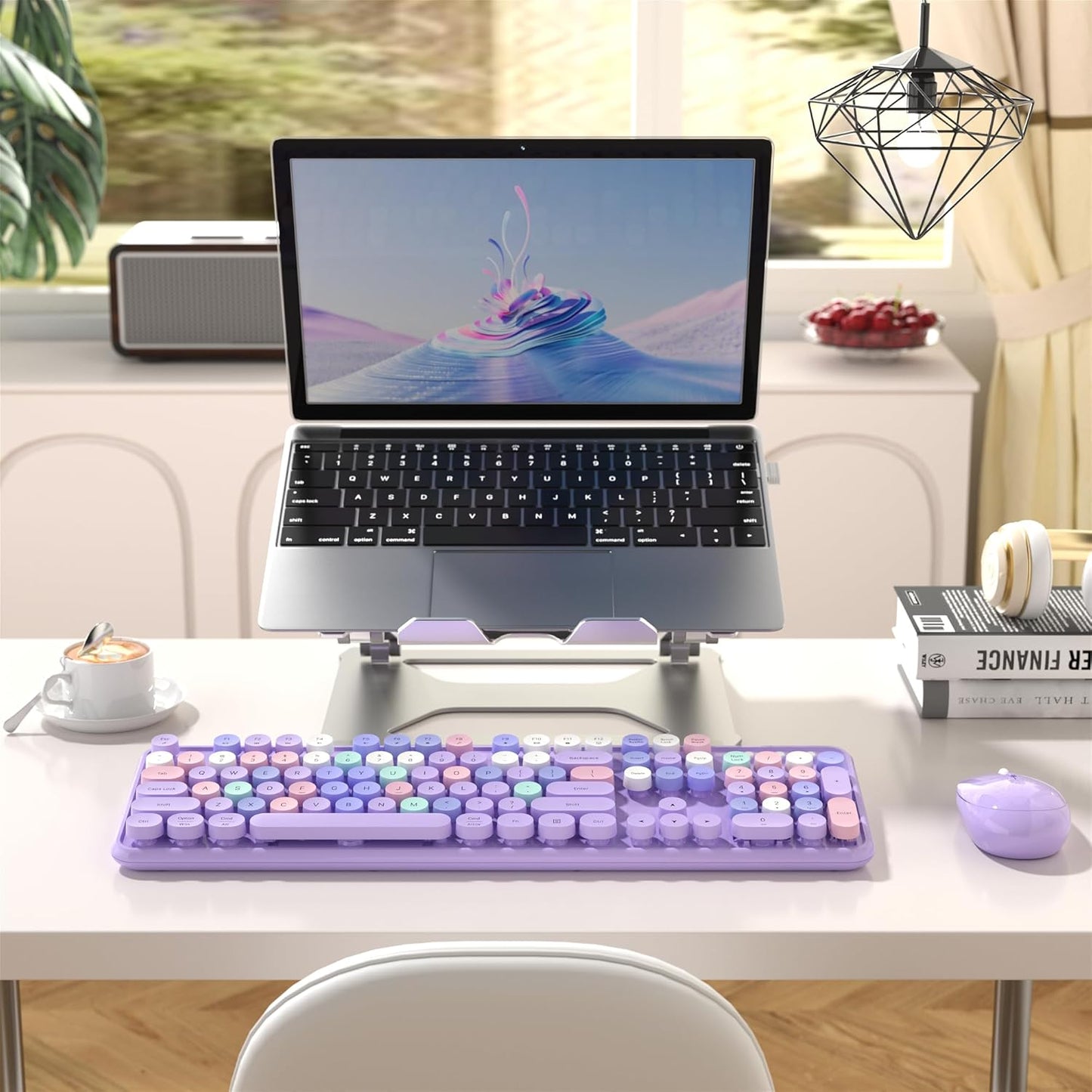 Colorful Wireless Computer Keyboard and Mouse Combo with Round Typewriter Keycaps, Retro Design, Power Switch, Ergonomic Design, 2.4GHz Wireless for Windows, Mac, PC(Purple-Colorful)