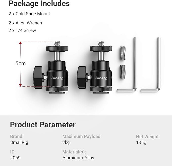 SmallRig 1/4" Camera Hot Shoe Mount, Ballhead Tripod - Image 6