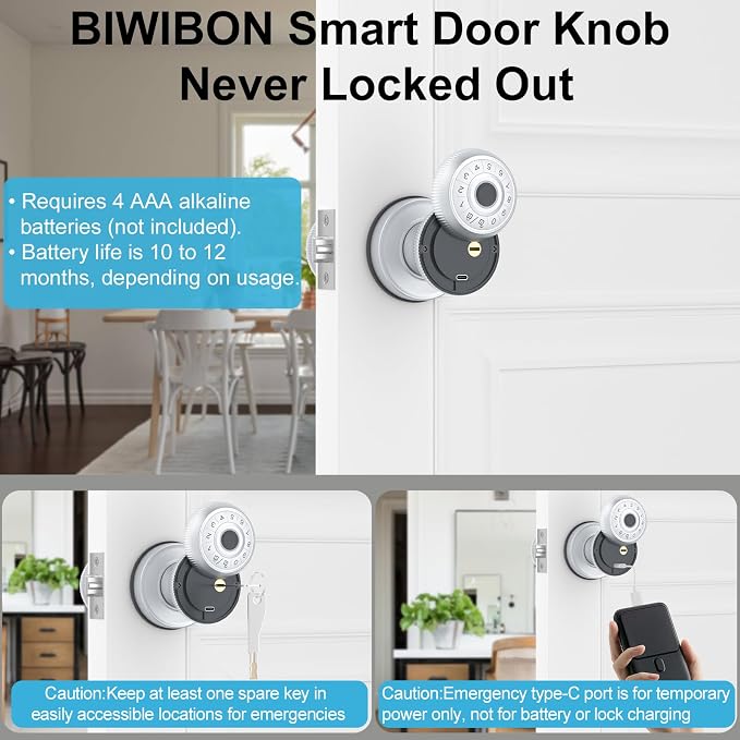 BIWIBON 4-in-1 Smart Door Knob, Fingerprint Door Knob - Image 5