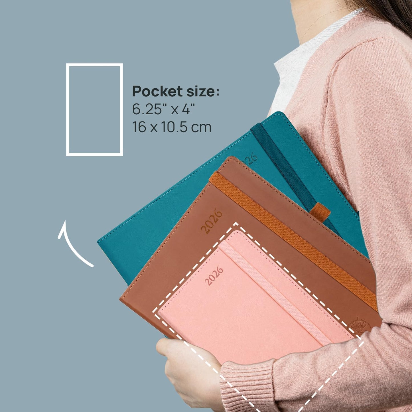 POPRUN Pocket Calendar 2026 (Small Size- 4'' x 6.25") Weekly and Monthly for Purse - Planner 2026 (Jan. 2026 - Dec. 2026) with Vegan Leather Soft Cover, Plastic Ruler, Pen Holder and More - Green