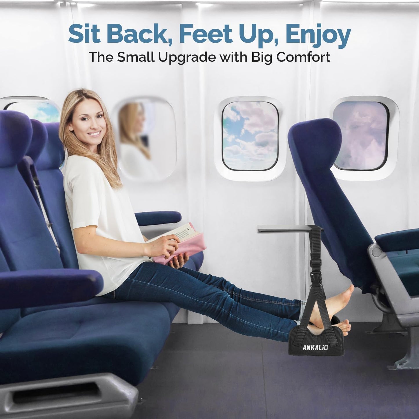 2 Pack No-Collapse Airplane Foot Hammock–Adjustable Foot Hammock for Plane Travel with Thick Bamboo Base, Lightweight Travel Footrest for Office, Flights(Black)