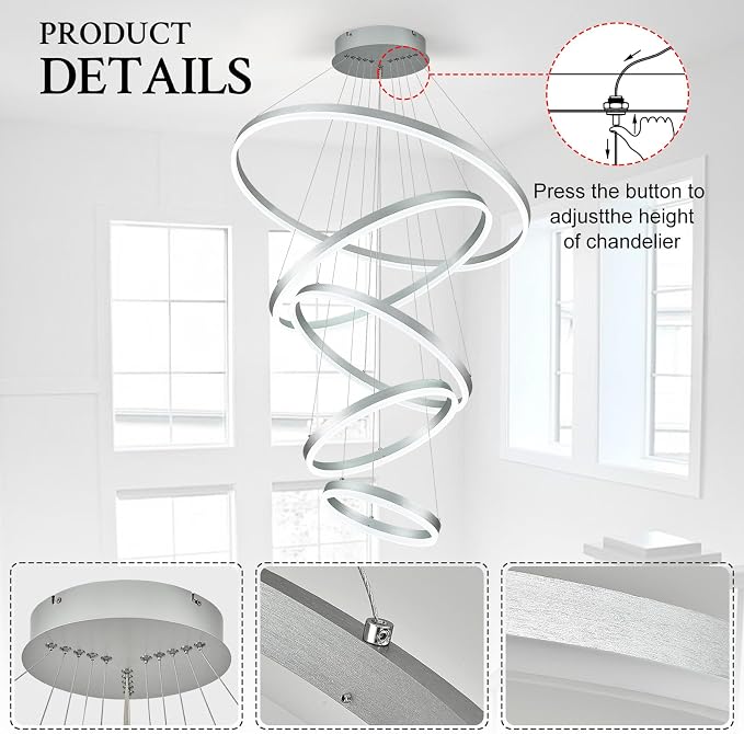 5-Rings D31.5in Modern LED Chandelier Silver Dimmable High Ceiling Chandeliers - Image 6