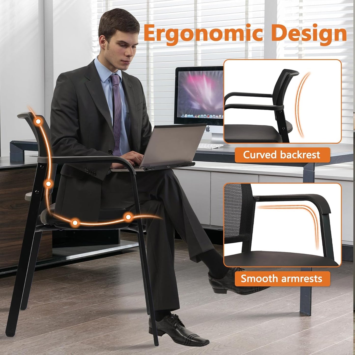 CLATINA Stackable Office Chair, Mesh Back Guest Chairs with Comfortable Leather Seat Arms Stacking Ergonomic Desk Chair No Wheels for Conference Waiting Reception School Stationary, Black, Set of 4