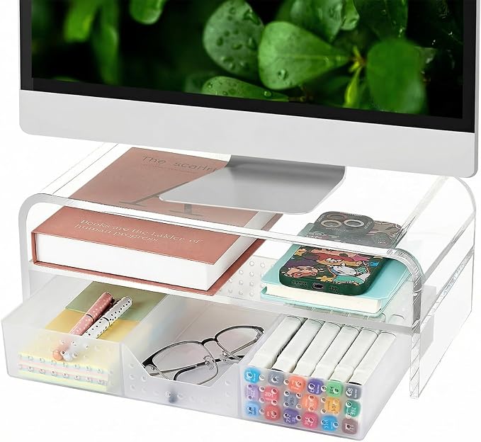 OPNICE Acrylic Clear Desk Organizers and Accessories, 2-Tier Computer Monitor by OPNICE