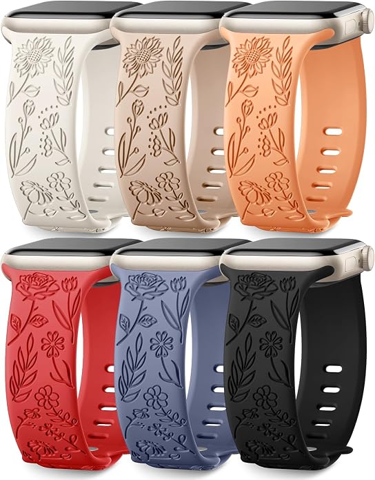 SNBLK 6 Pack Floral Engraved Bands Compatible by SNBLK