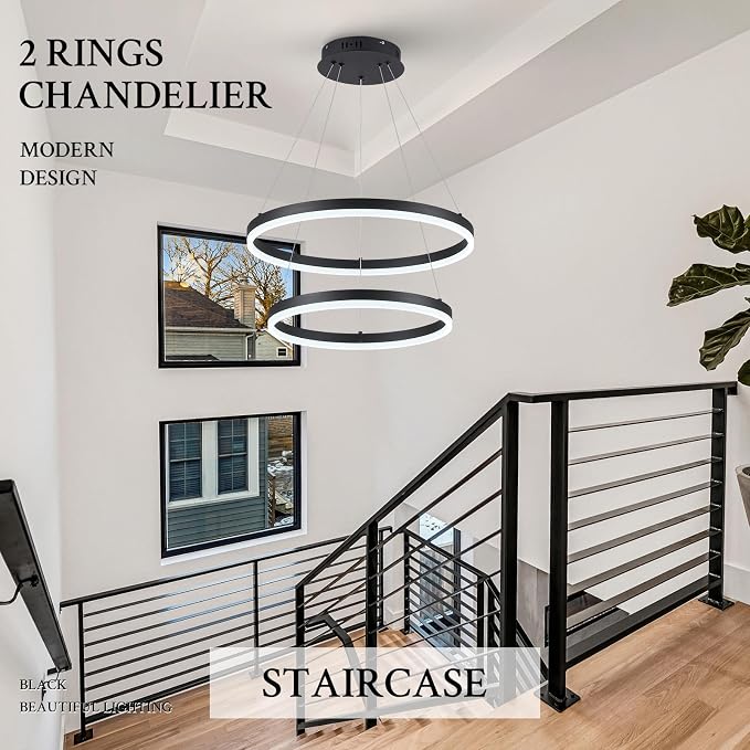 Modern LED Chandelier Black 2-Rings Pendant Light Circular Flush Mount Ceiling - Image 8