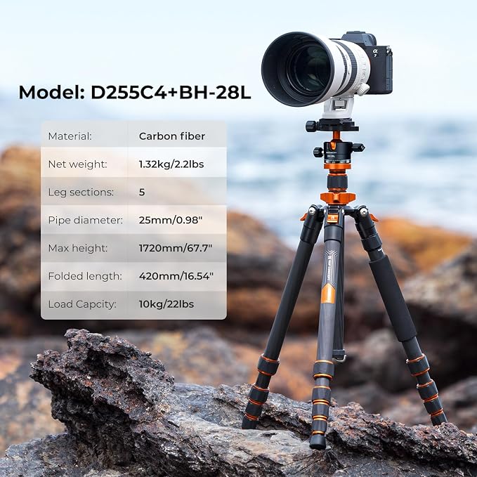 K&F CONCEPT 68" Carbon Fiber Camera Tripod, Compact Tripods - Image 2